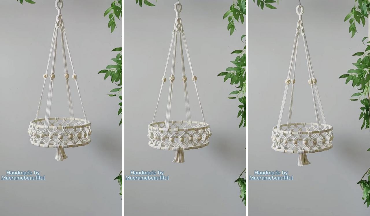 Macrame hanging fruit basket storage bag rope plant hanger boho rustic kitchen tiered fruit bowl; rope plant hanger