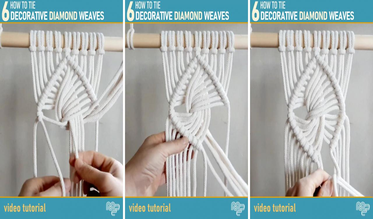 6 decorative diamond weaves; macrame plant hanger patterns