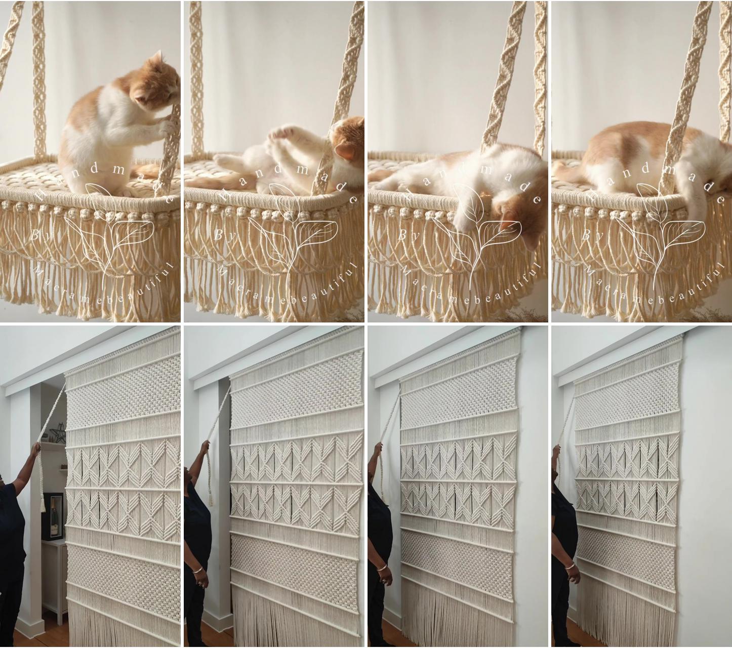 Cat wall shelves, cat wall furniture, macrame cat hammock, wall mounted cat perch, hanging cat bed; sliding macrame room divider